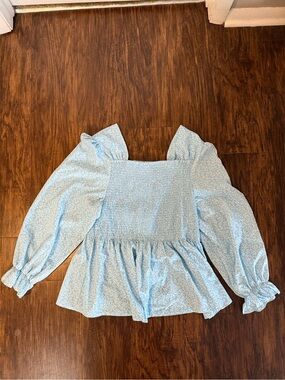 SHEIN 4x Light Blue Smocked Peplum Long-Sleeve Top